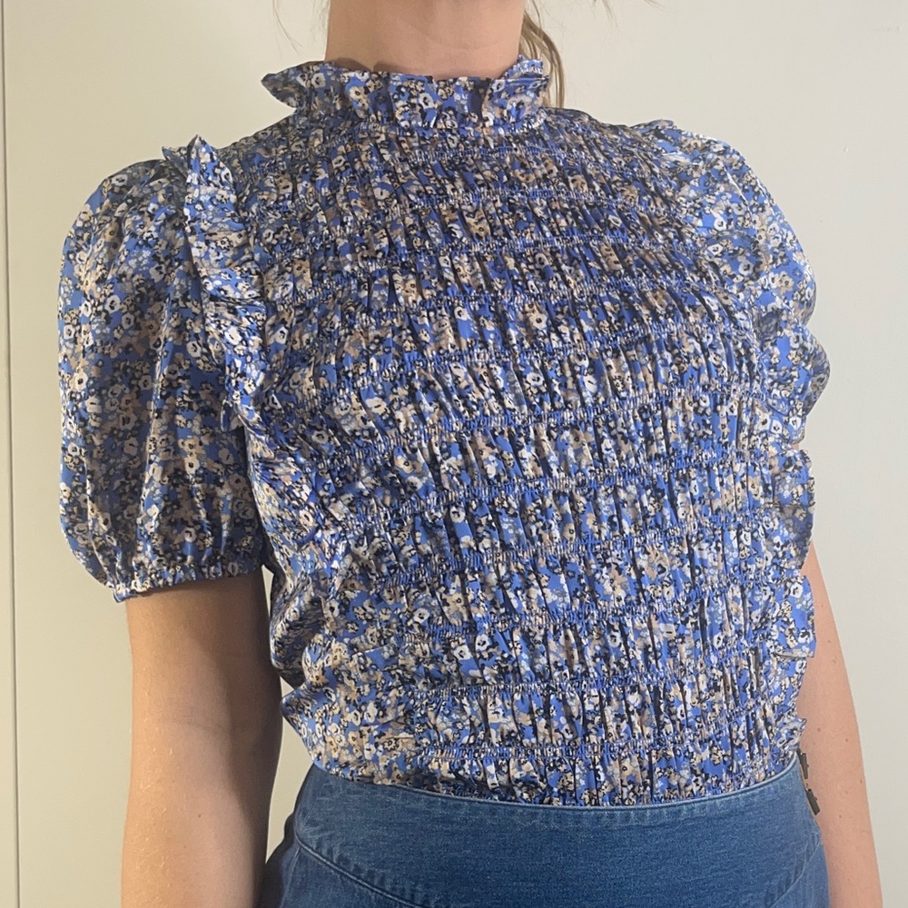 Ann Taylor floral ruffle satin blouse